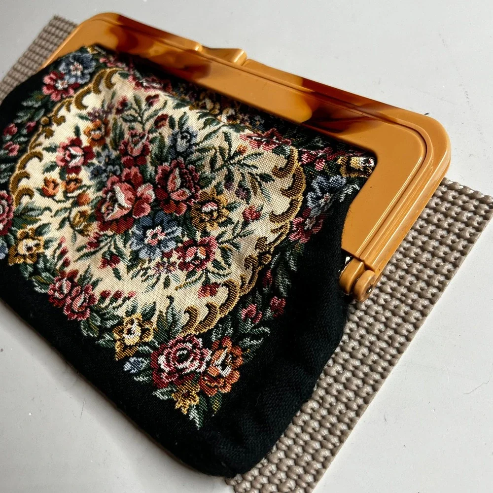 Vintage Floral Tapestry Clutch Bag Faux Tortoiseshell Lucite Frame Hong Kong